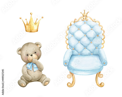 Cute little bear with blue armchair and gold crown.Watercolor illustration for baby boy shower isolated on white background..