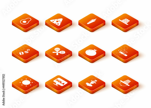 Set Sun, Hola, Coffee beans, Maracas, Mexican man sombrero, Tomato, and Cigar icon. Vector