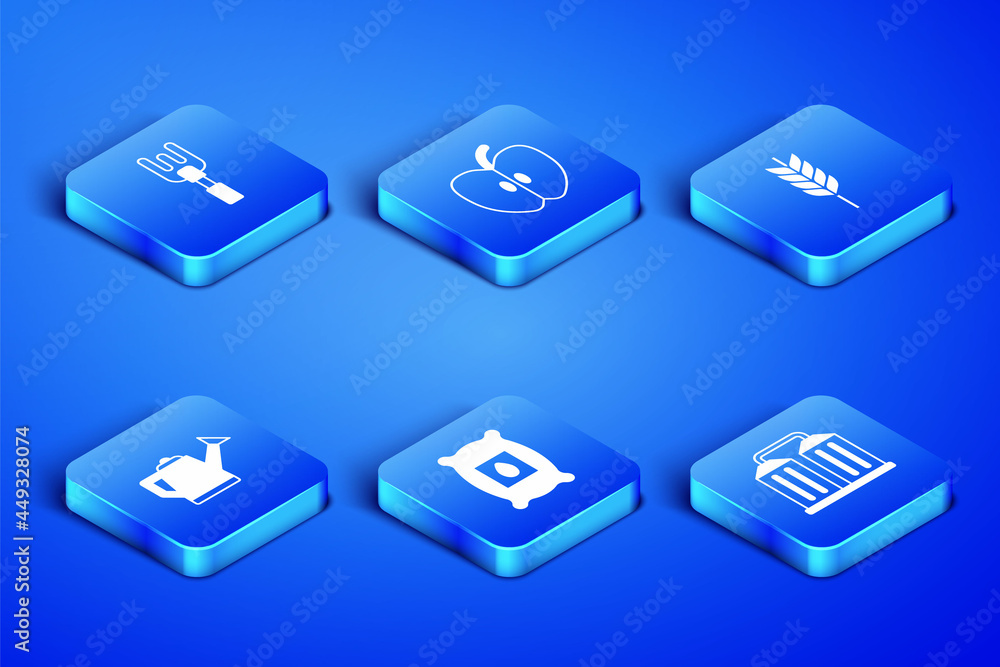 Set Granary, Garden rake, Pack full of seeds of plant, Watering can, Apple and Wheat icon. Vector Set Granary, Garden rake, Pack full of seeds of plant, Watering can, Apple and Wheat icon. Vector