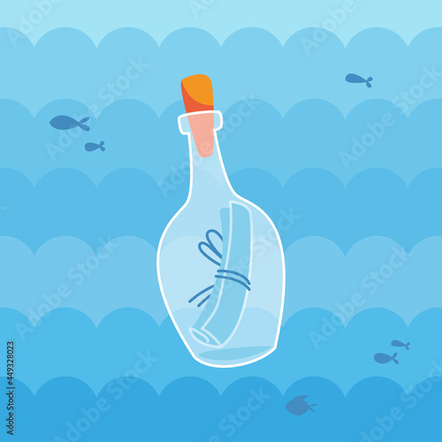 A bottle inside which is a folded piece of paper with a message. Asking for help in a bottle of rum. Marine picture on the background of the sea. Vector illustration in cartoon childish style