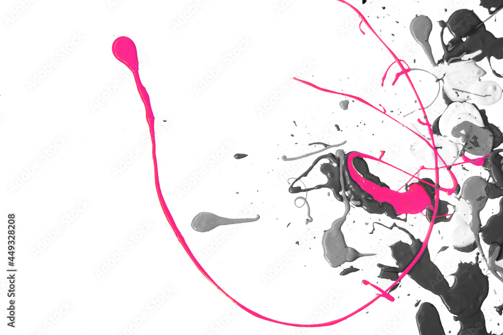 Detail of fuchsia paint, color splash, on black and white acrylic paint background. Abstract and dripping concept Detail of fuchsia paint, color splash, on black and white acrylic paint background. Abstract and dripping concept