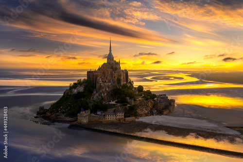 Mont Saint-Michel view in the sunrise light. Normandy, northern France