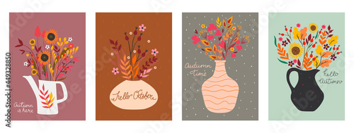 Set of postcards with autumn bouquets. Vector graphics.