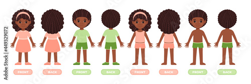 Isolated Beautiful Black Girl with Curls on Head. Cute Boy with Afro Hairstyle. Little Children in Clothes, Underwear. Front Back View. Antonyms. Education for Kids. Flat Cartoon Color style. Vector