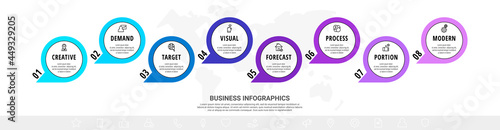 Vector 8 step line infographic labels with icons and squares. Modern timeline concept for chart, levels, web, diagram, banner, presentations, business, diagram, flowchart