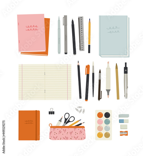 Vector illustration of stationery, office, school tools. Notebooks, notebooks, book, sketchbook, pens, pencils, markers, liner, pencil case, rubber bands, scissors, compasses, paper clips, erasers.