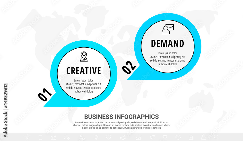 Obraz premium Vector line infographics template for two arrows and circles. Business concept with 2 elements and icons. Modern blank space for chart, content, step for step, timeline, diagram, web