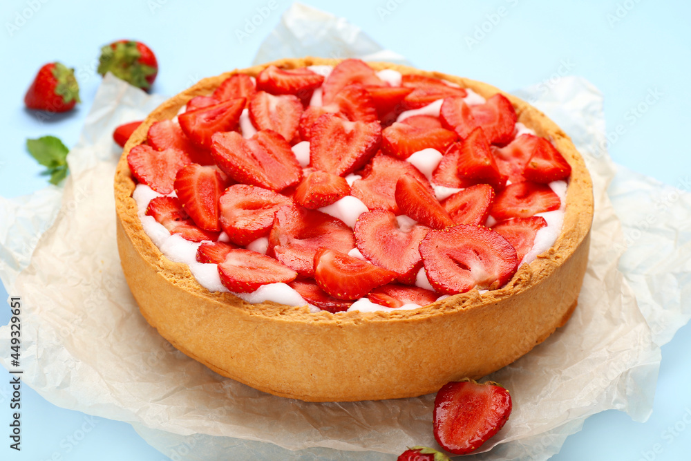 Tasty strawberry pie on color background Tasty strawberry pie on color background