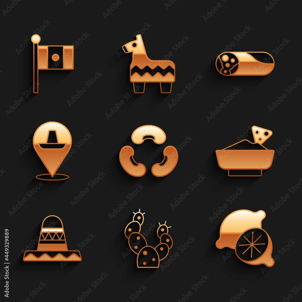 Set Beans, Cactus, Lime, Nachos in bowl, Mexican sombrero, Burrito and Mexico flag icon. Vector Set Beans, Cactus, Lime, Nachos in bowl, Mexican sombrero, Burrito and Mexico flag icon. Vector