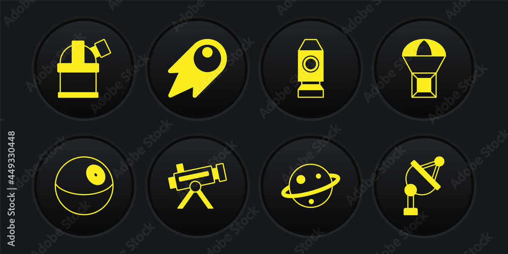 Set Planet, Box flying on parachute, Telescope, Saturn, Rocket ship, Comet falling down fast, Satellite dish and Astronomical observatory icon. Vector Set Planet, Box flying on parachute, Telescope, Saturn, Rocket ship, Comet falling down fast, Satellite dish and Astronomical observatory icon. Vector
