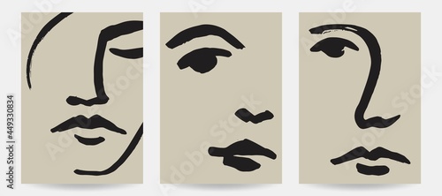 Hand-drawn abstract face illustrations. Trendy vector art prints.