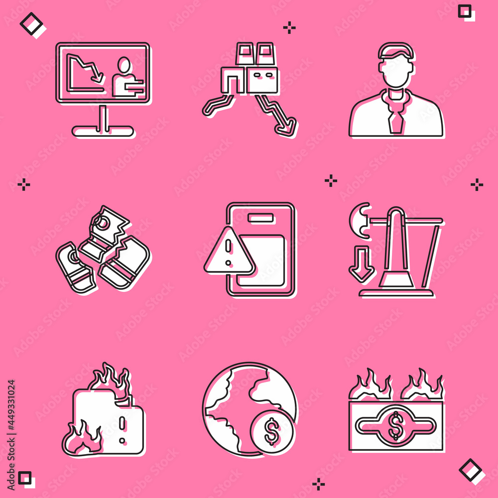 Set Global economic crisis news, Shutdown of factory, Worker, Credit card, Drop in crude oil price, Fire burning house and icon. Vector Set Global economic crisis news, Shutdown of factory, Worker, Credit card, Drop in crude oil price, Fire burning house and icon. Vector