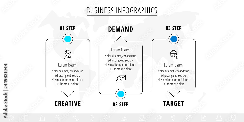 Vector line infographics with three rectangles and arrows. Flat chart process template with 3 icons. Modern timeline for business project, presentation, web, diagram, content