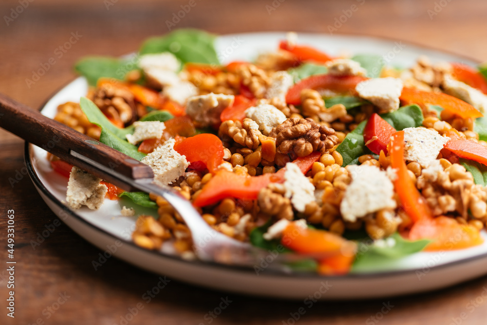 Spinach and Lentil Salad with Roasted Peppers, Walnuts and Vegan Feta Spinach and Lentil Salad with Roasted Peppers, Walnuts and Vegan Feta