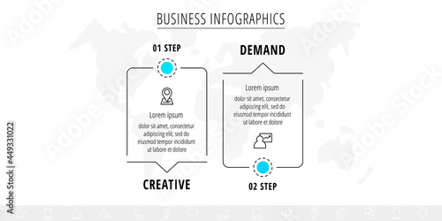 Vector line infographics with 2 rectangles and arrows. Flat chart process template with two icons. Modern timeline for business project, presentation, web, diagram, content