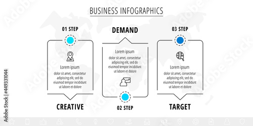 Vector line infographics with three rectangles and arrows. Flat chart process template with 3 icons. Modern timeline for business project, presentation, web, diagram, content