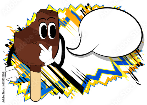 Ice Cream holding finger front of his mouth. Summer refreshment, sweet food as a cartoon character with face.