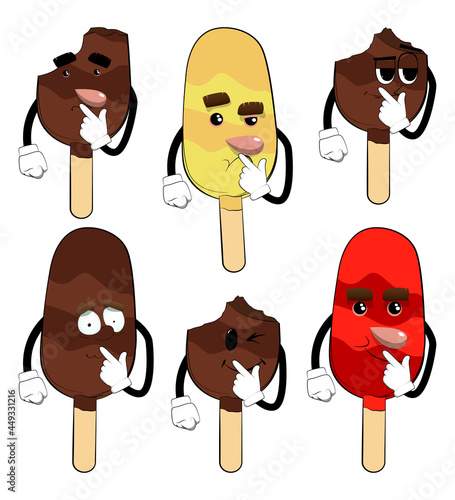 Ice Cream holding finger front of his mouth. Summer refreshment, sweet food as a cartoon character with face.