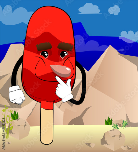 Ice Cream holding finger front of his mouth. Summer refreshment, sweet food as a cartoon character with face.