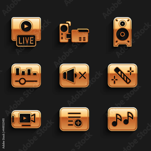 Set Speaker mute, Add to playlist, Music note, tone, Photo retouching, Online video, equalizer, Stereo speaker and Live stream icon. Vector