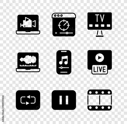 Set Online play video, Smart Tv, Repeat button, Pause, Play, Sound or audio recorder and Music player icon. Vector © vector_v
