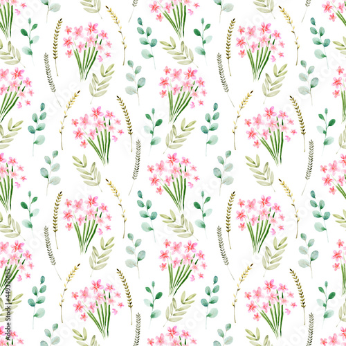 Watercolor seamless pattern with various decorative flowers and leaves © Ellivelli