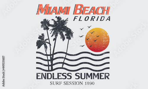 Miami beach florida  graphic t shirt design for summer. Line wave and  gradient sun with palm tree print design for  patch, sticker, batch, apparel, logo, embroidery, wallpaper etc. 