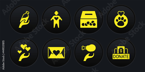 Set Heart in hand, with animals footprint, Envelope heart, Donation food, charity, Volunteer, and water icon. Vector