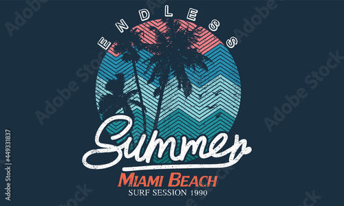 Endless summer miami beach t shirt design. Colorful wave line print artwork. Palm tree graphic print for  patch, sticker, batch, apparel, logo, embroidery, wallpaper etc. 