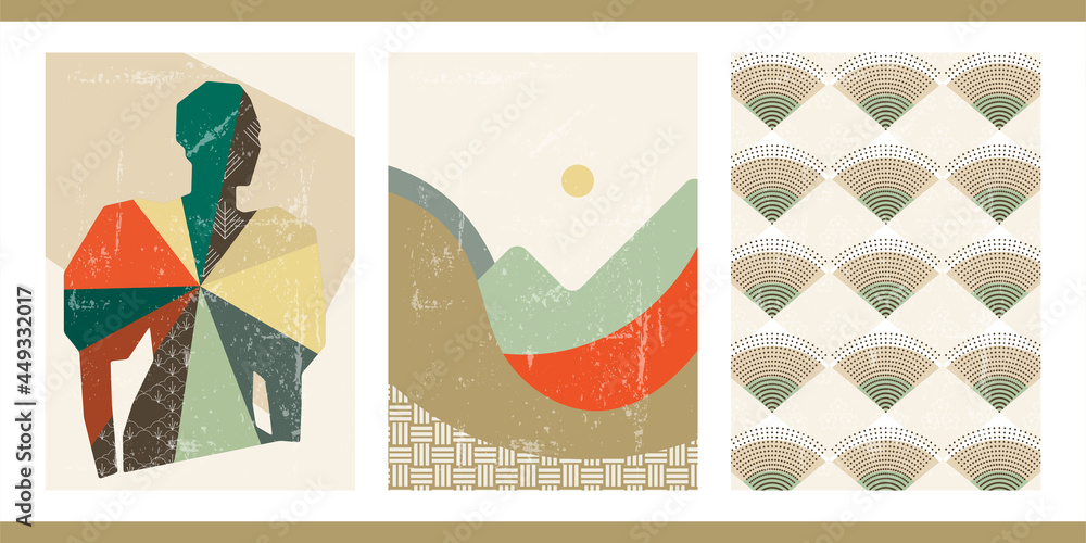 A set of three abstract posters. Modern creative minimalistic elegant illustration. Vintage aged japanese background with silhouette of a woman, geometric shapes, landscape with sun, graphic pattern.