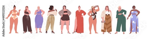 Set of happy big chubby women with pretty plus-size bodies. Diverse plump female beauties with fat curvy figures. Modern obese and sexy people. Flat vector illustration isolated on white background