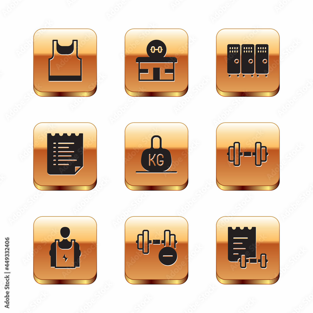Set Sleeveless t-shirt, Bodybuilder, Dumbbell, Weight, Sport training program, Locker changing room, and Gym building icon. Vector Set Sleeveless t-shirt, Bodybuilder, Dumbbell, Weight, Sport training program, Locker changing room, and Gym building icon. Vector