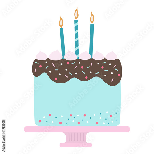Birthday cake on a plate vector illustration. Flat style cake with cream decor and three candles on top. Cute illustration of pastry food