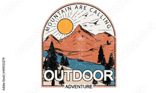 Adventure at the mountain lake vector t shirt design. Wilderness vintage graphic artwork. 