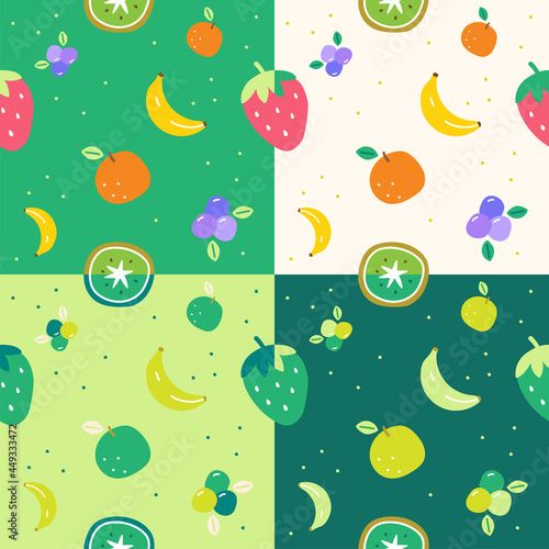 Set of Flat Cute Mix Fruit Strawberry Blueberry Kiwi Banana Orange Vector Pattern Design Dark Green Background Editable Stroke. Cartoon Illustration Cloth, Mat, Fabric, Textile, Scarf, Wrapping Paper.