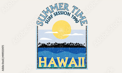 Summer time surf session palm tree vector design. Hawaii beach sunrise time t shirt artwork.