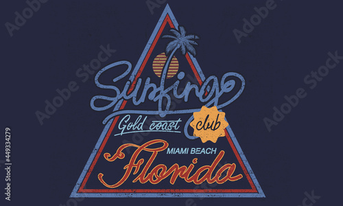 Surfing vintage vector print design for t shirt. Miami beach florida artwork for apparel and other uses. 