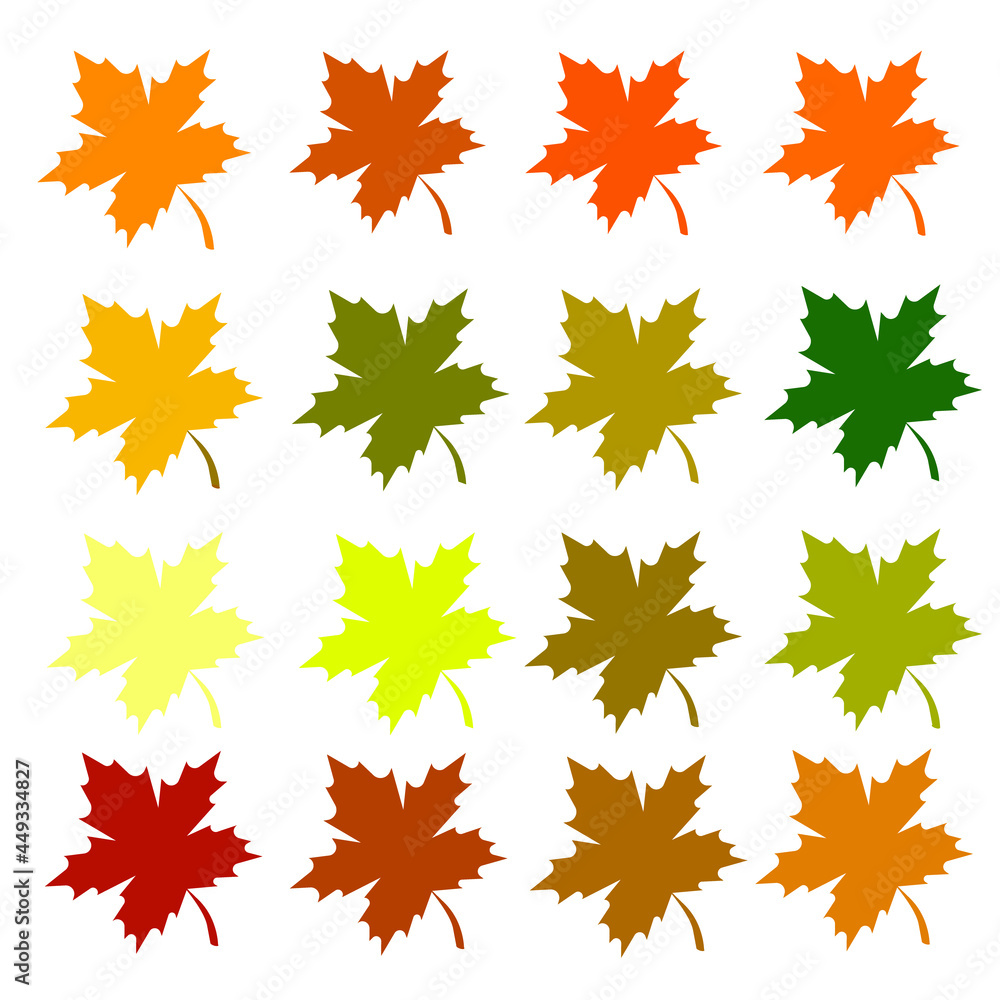 Multicolored maple leaves, 16 pieces isolated on a white background.Vector illustration.The set of leaves can be used in textiles,postcards,autumn designs. Multicolored maple leaves, 16 pieces isolated on a white background.Vector illustration.The set of leaves can be used in textiles,postcards,autumn designs.