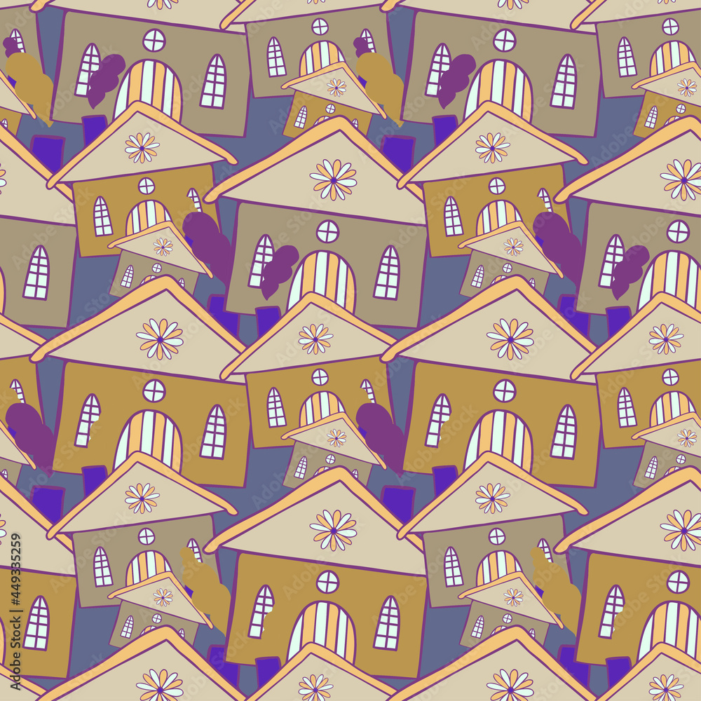 Seamless vector pattern of cartoon houses in the city in blue, yellow and purple tones