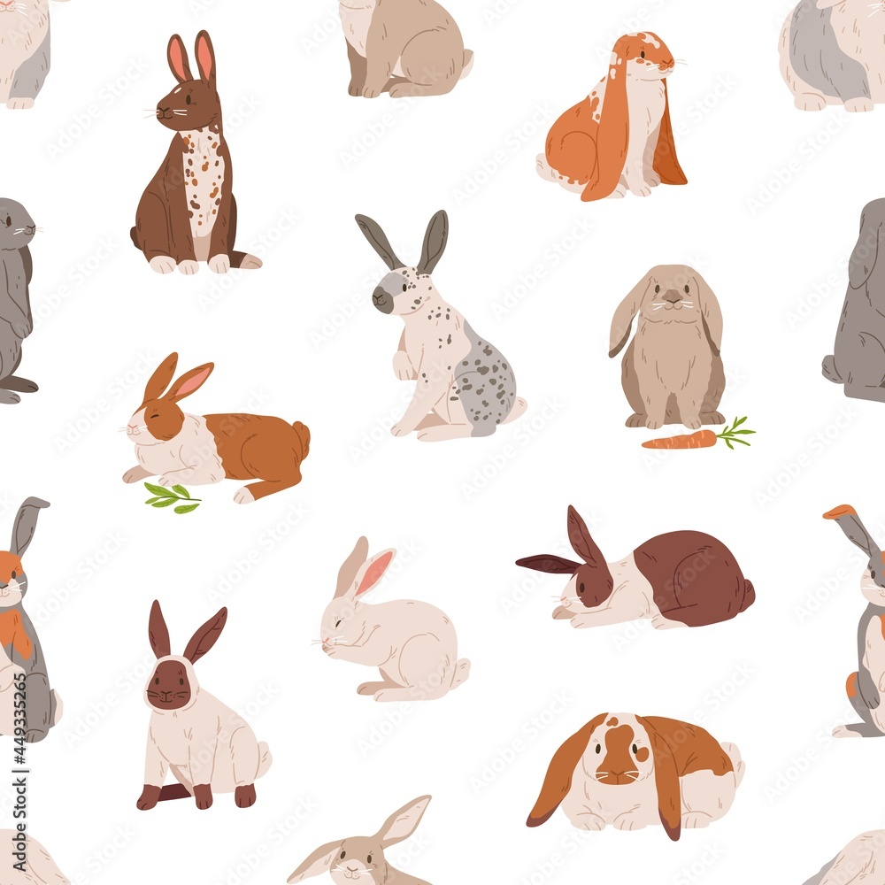Wild Rabbit Textures Seamless animal pattern with different cute rabbits and hares on white ...