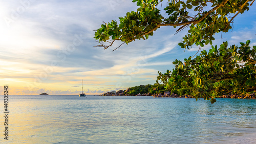 Obraz na plátně Idyllic sunset on Anse Lazio beach with catamaran anchored in the distance, calm turquoise water and tropical trees and leaves around