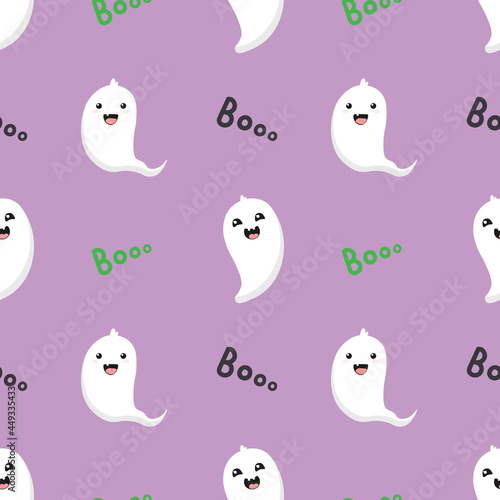 Seamless pattern with cute cartoon ghosts. White ghosts on purple background. Halloween illustration. Background for wrapping paper, greeting cards and seasonal designs.