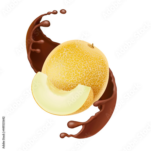 Honeydew melon in chocolate splash. Sweet fruit with sliced juicy melon piece in cocoa yoghurt