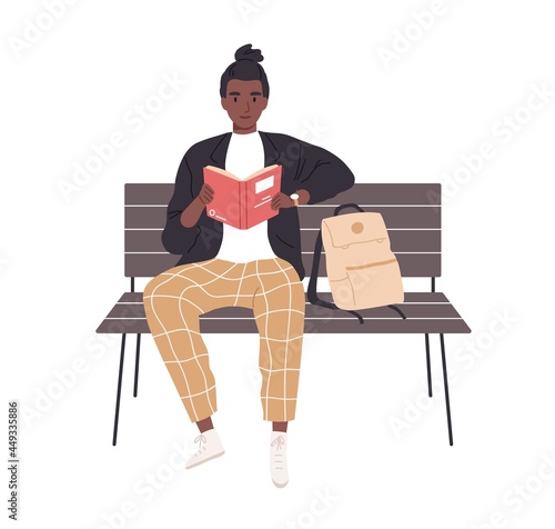 Student studying and reading book outdoors. African American man sitting on bench with literature in hands. Reader holding textbook. Colored flat vector illustration isolated on white background