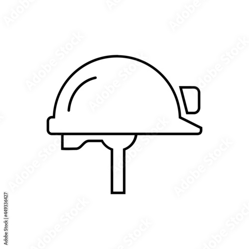 Safety helmet with head light line icon. Work safety concept. Miners protection equipment. Engineer profession. Hard construction hat with mounted head lamp. PPE. Vector illustration, flat, clip art