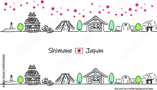 島根県の街並みと新型コロナウイルスのシンプル線画セット