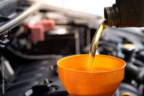 The mechanic is pouring oil into the car engine photo