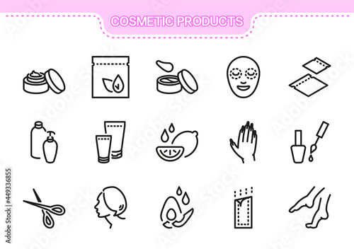 Cosmetology vector icon set. Cosmetic products line collection: face cream, mask, eye patches, probes, jars, soap, oil, lemon, avocado, manicure, nail polish, scissors, haircut, styling, hair removal