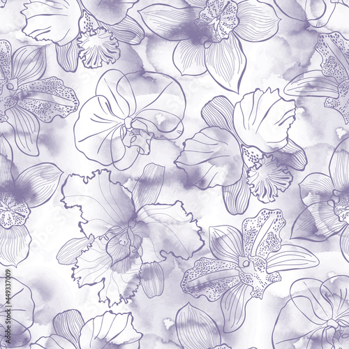 Floral seamless pattern with hand drawn different orchids on a watercolor background. Vector illustration. Perfect for design templates, wallpaper, wrapping, fabric and textile.