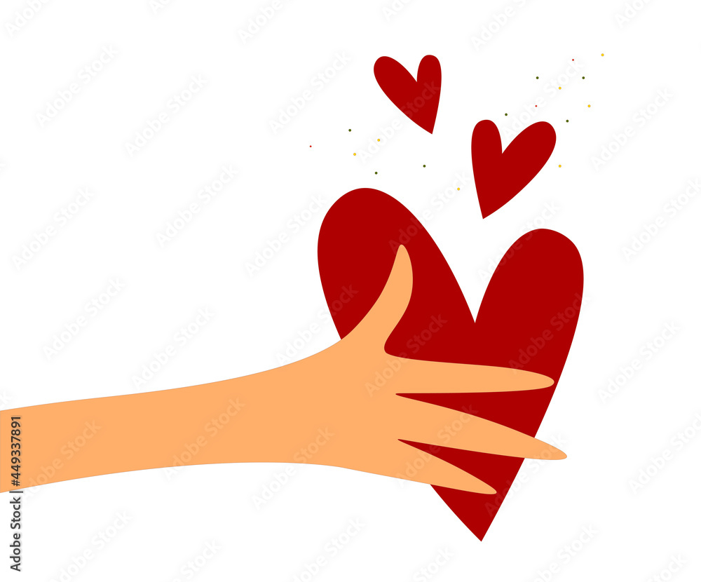 Obraz premium A flat hand reaches for a bright red heart-shaped icon representing love. Happy Valentine's Day. Postcard. Love soul gift concept. Transparent background. Isolated vector illustrations for heart day.